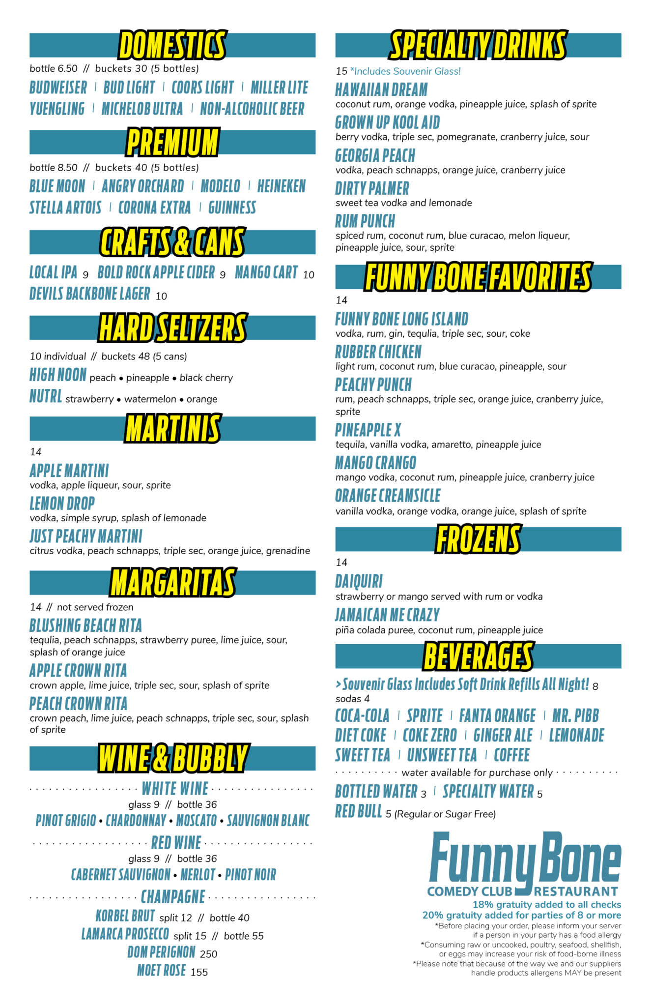 Food & Drink Menu | Virginia Beach Funny Bone Comedy Club & Restaurant